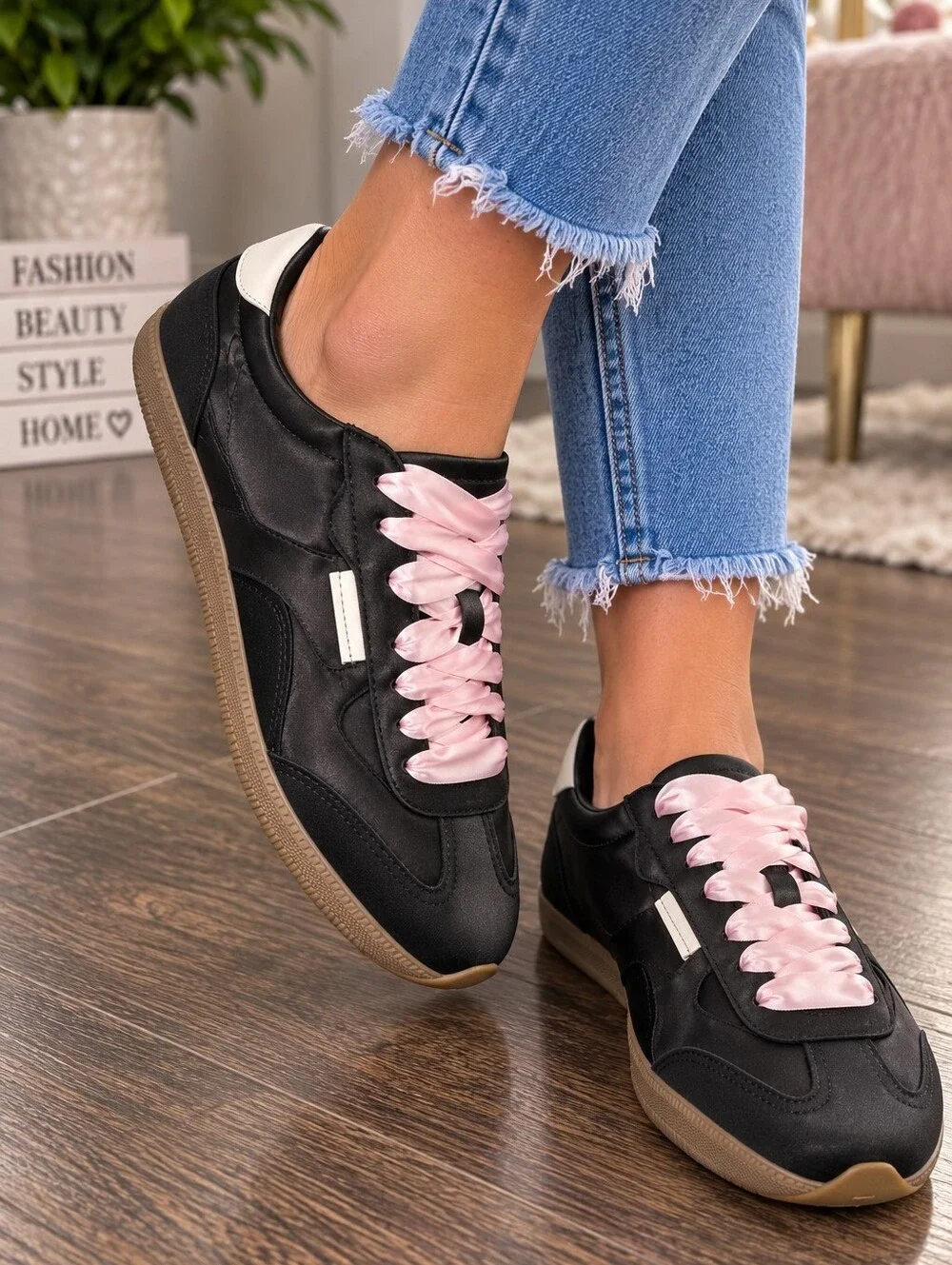 Steve Madden Abbi Satin Sneaker in Black Satin with Pink Satin Laces - MSRP $90